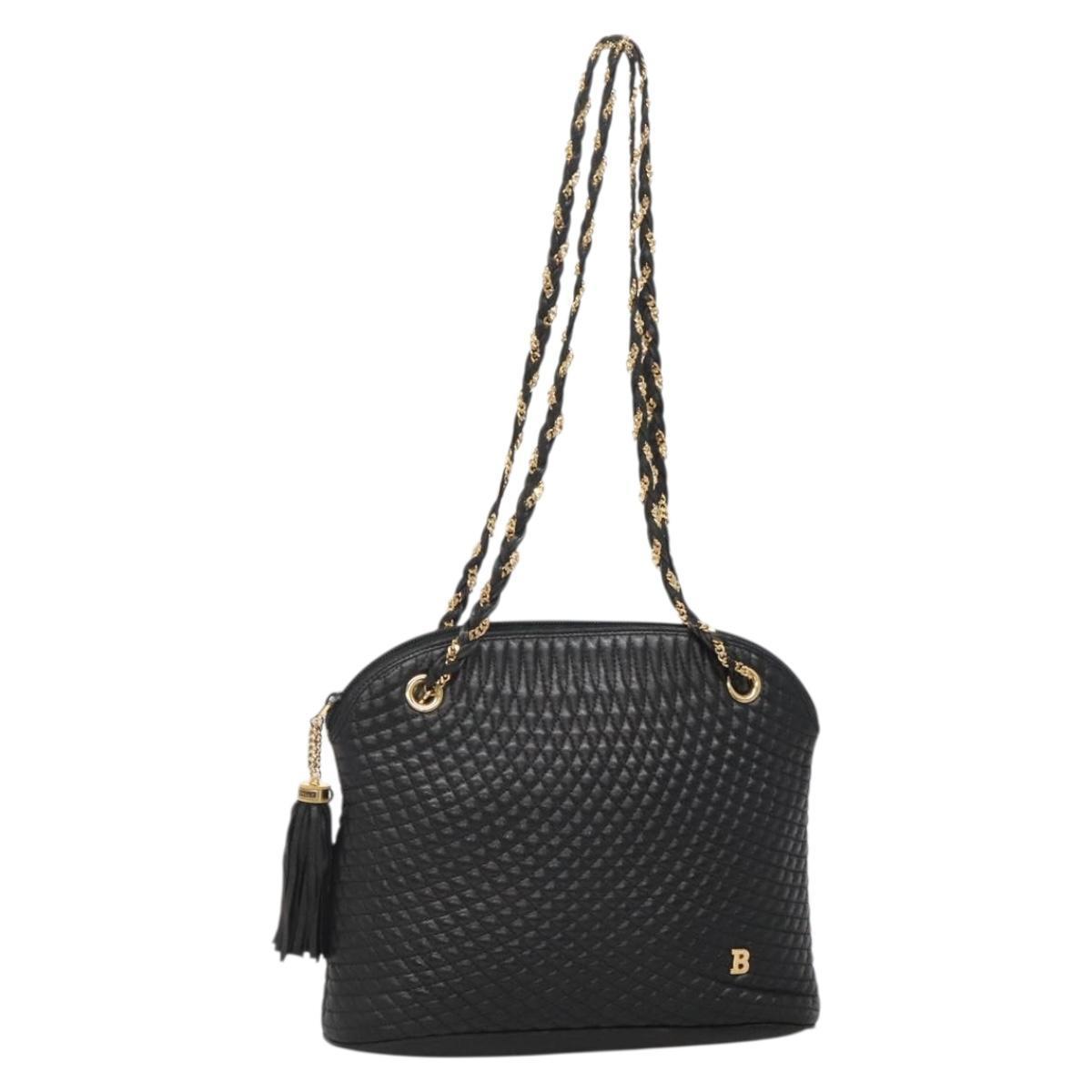 Bally Chain Shoulder Bag Leather Black Gold Auth Sw1496